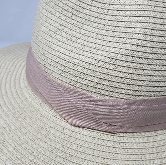 H&M NATURAL PAPER STRAW CREAM FEDORA DUSTY ROSE PINK RIBBON BAND WOMEN LARGE 58 - Picture 2 of 12
